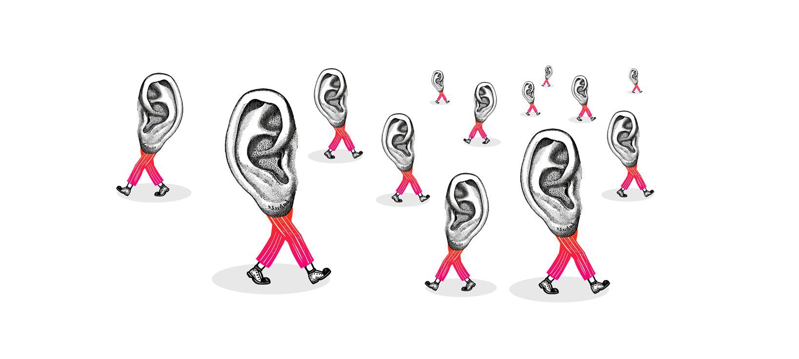 Illustration style gravure rose et noir, oreilles avec des jambes