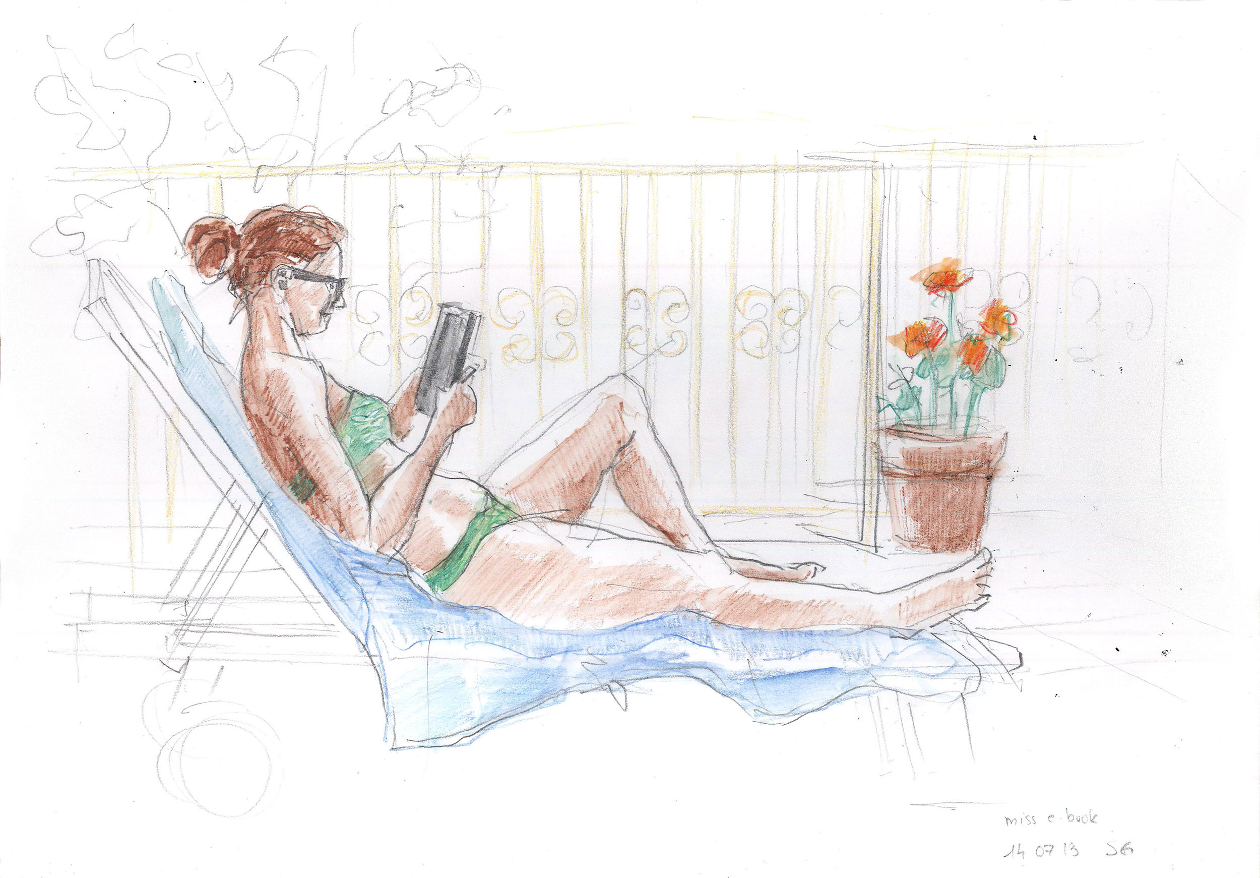 dessin d'une femme allongées aux crayons de couleurs